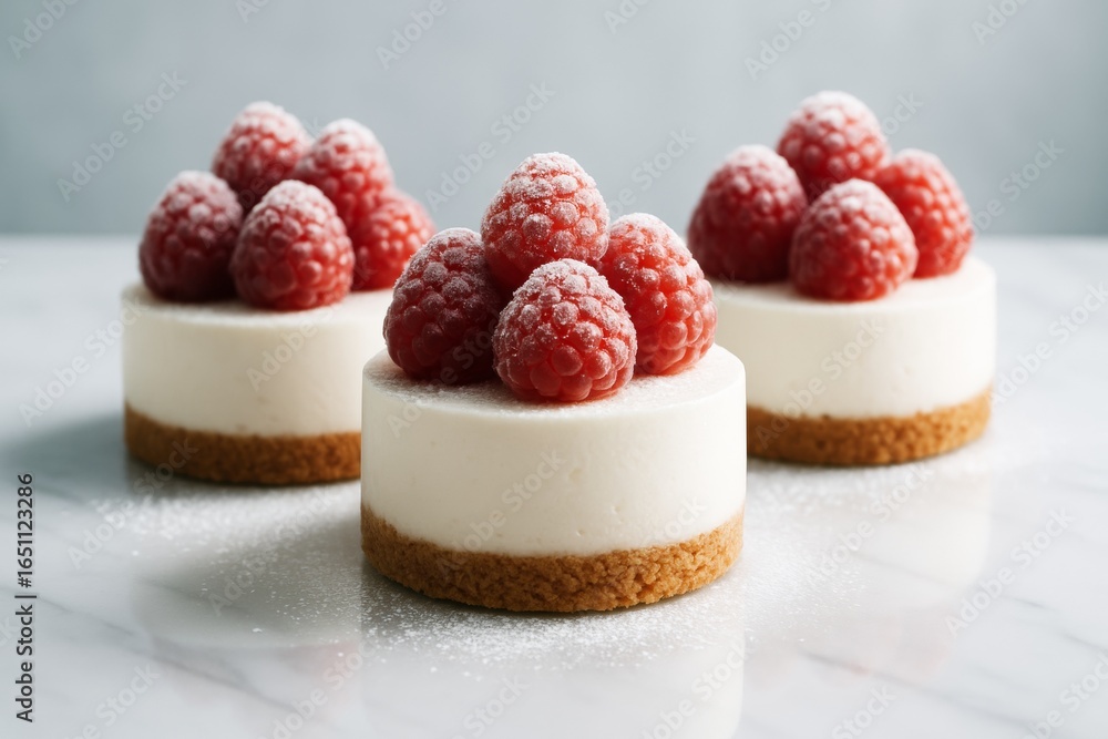 Poster delicious mini raspberry cheesecakes with biscuit crust on marble surface, dusted with powdered suga