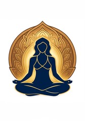 A luxurious yoga meditation illustration featuring a serene female silhouette in deep navy, seated in lotus pose against a radiant golden lotus mandala. Perfect for wellness branding, and meditation 