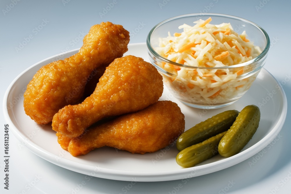 Poster crispy fried chicken drumsticks with coleslaw and pickles served on a white plate over a soft gradie