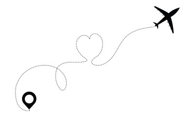 Airplane route vector set. Airplane flying with heart shaped trail. Dotted flight path illustration on white background. Travel transport website design. Vector illustration.