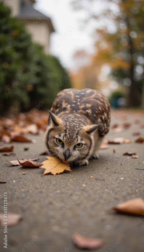 Poster curious owl exploring a path covered with colorful autumn leaves in a serene outdoor setting surroun