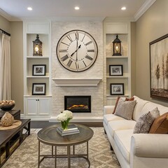 Elegant living room with fireplace and large wall clock