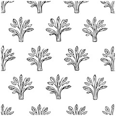 Botanical black and white pattern featuring sketch style floral motifs, suitable for backgrounds and design projects, fabric design