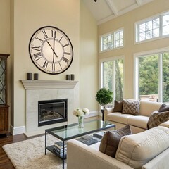 Spacious living room with large wall clock and fireplace