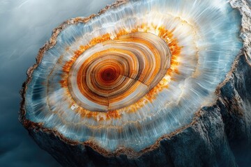 Aerial-like view of a textured, circular natural structure with concentric rings and cool blue and warm amber hues.