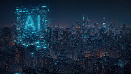 Obraz premium Futuristic AI processing vast data across a sprawling digital cityscape - digital cityscape