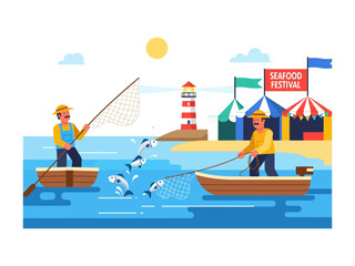 Fishermen at Seafood Festival: A cheerful illustration depicts two fishermen in boats catching fish near a coastal seafood festival, with a lighthouse and cheerful sky. 