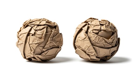 Two crumpled brown paper balls on a white background