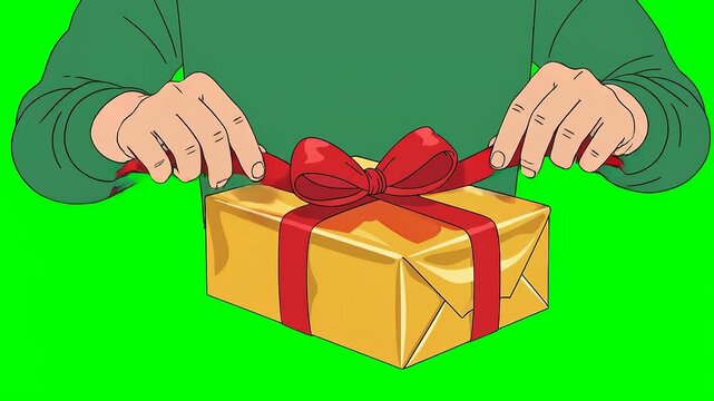 A person unties a red ribbon on a gold gift against a green screen