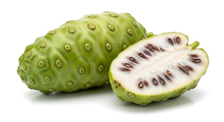 Whole and halved noni fruit showing seeds and texture