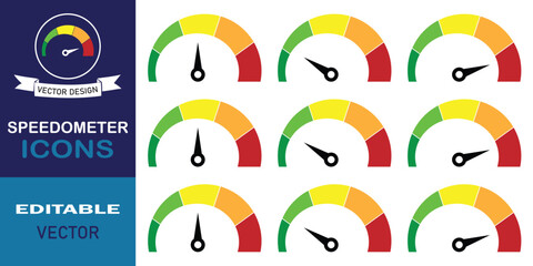 Set of speedometer icon. Speedometer silhouette symbol colourful icon. Set of low, medium and high sign concept indicator icon. Vector illustration.