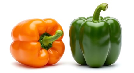 Two fresh bell peppers one orange and one green isolated on white background