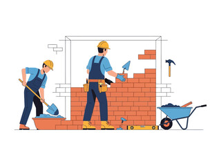 Craftsmen in Action: Two skilled construction workers meticulously building a brick wall, the tools of their trade neatly arranged nearby.