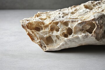 Close-up of airy, crusty bread with large holes, dusted with flour on a gray surface.