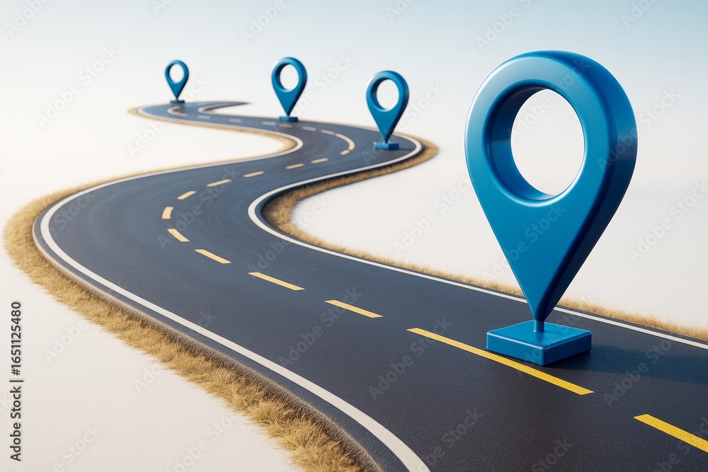 Poster curved road with blue location markers on light background symbolizing transport navigation and jour