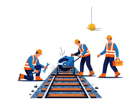 Railroad Workers at Work: A team of skilled railway workers diligently attend to the tracks, focused on maintenance with precision tools, under a clean, modern ambiance and setting.