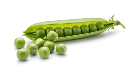 Fresh green pea pod with peas scattered on white background