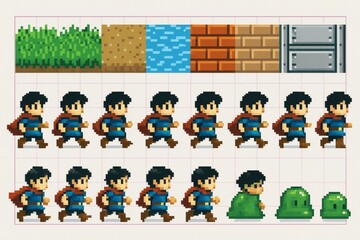 Pixel art sprite sheet of animated hero character with tiles of terrain and enemies for retro video game development on grid background. Ai generative