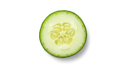 A single slice of fresh green cucumber on a white background