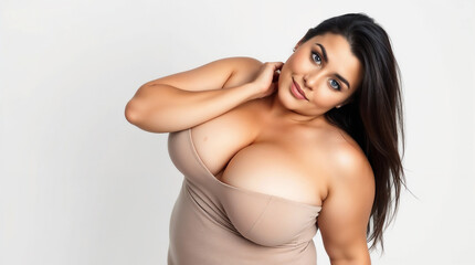 Fototapeta premium Sensual studio portrait of a plus-size brunette woman with her back to the camera, highlighting her glowing skin