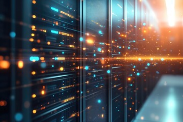 A data center with glowing blue and orange lights showing server racks, information flowing, and fast networks for cloud services.