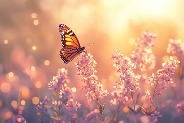 Monarch butterfly perched on delicate pink flowers in a dreamy, golden-hued meadow, bathed in soft, warm light.