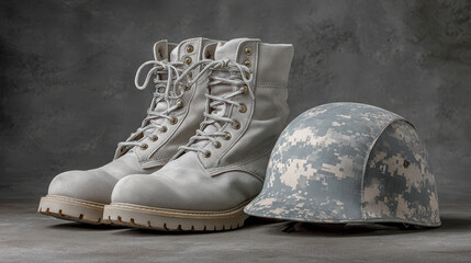Military boots and helmet placed neatly on concrete floor with gray background