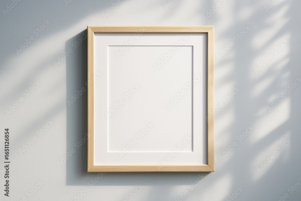 Poster minimalist wooden frame mockup with empty white space hanging on light wall with soft shadows for br