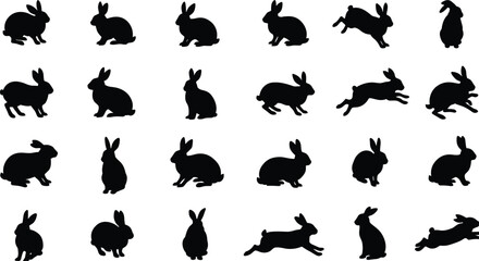 Naklejka premium Silhouette rabbit icon collection, black bunny shapes vector, wild hare jumping, sitting cute rabbit poses, pet bunny animal design