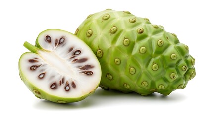 Whole and halved green noni fruit with seeds on white background
