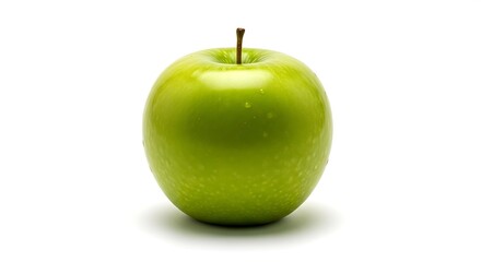A single ripe green apple with water droplets on a white background