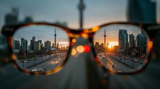 Urban skyline and traffic seen sharply through eyeglasses, blurred cityscape outside frame, captured at sunset, concept of visual clarity
