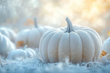 Frosted white pumpkins sit amidst a sparkling winter scene, evoking a sense of ethereal beauty and seasonal tranquility.