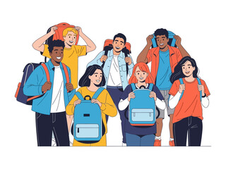 Adventurous Collective: A diverse group of young backpackers embark on a journey, their faces lit with anticipation, carrying their essential gear ready for an exciting travel adventure.