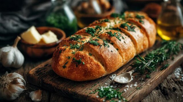 Crusty garlic herb bread loaf with fresh parsley on a rustic wood board, surrounded by garlic, butter, salt, and herbs, cozy kitchen concept