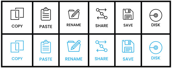 Essential digital action icons cut copy paste rename share save delete for modern interface design.Essential computer functions like copy,paste,share,save and more for user interface
