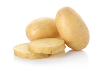 Whole and cut potatoes isolated on white