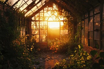 Sun-drenched abandoned greenhouse, nature reclaiming structure, flowers glowing amidst greenery, inviting golden light through a broken door