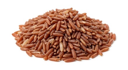 Pile of raw red rice grains on a white background