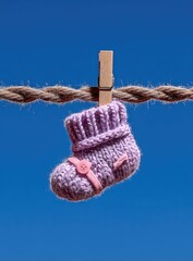 Baby sock hanging on clothesline against a vibrant blue sky