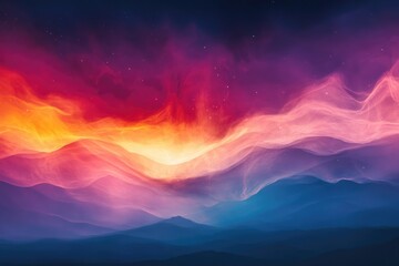 A breathtaking scene of vibrant, colorful nebula-like formations over a landscape with soft mountains under a starry sky evokes cosmic wonder.