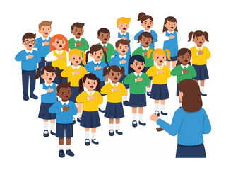 Harmony of Voices: A vibrant illustration showcases a diverse group of students singing in unison, their voices blending beautifully under the guidance of their teacher. A testament to unity, passion.