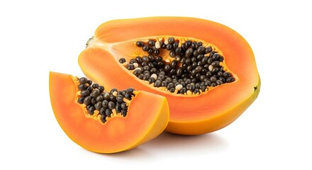 Freshly cut ripe papaya fruit with seeds on white background