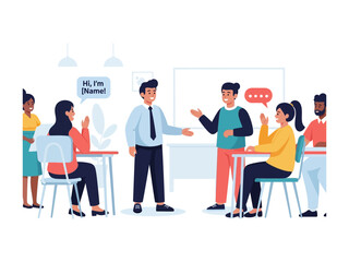 Team Dynamics in Modern Office: An illustrated group of professionals engaged in lively interactions within a modern office setting.