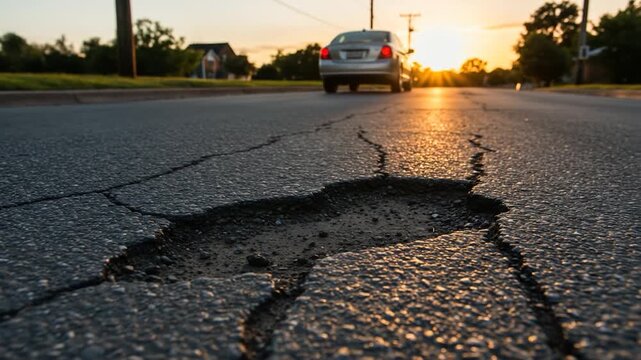 Road damage pothole on asphalt surface under sunset car driving transportation infrastructure