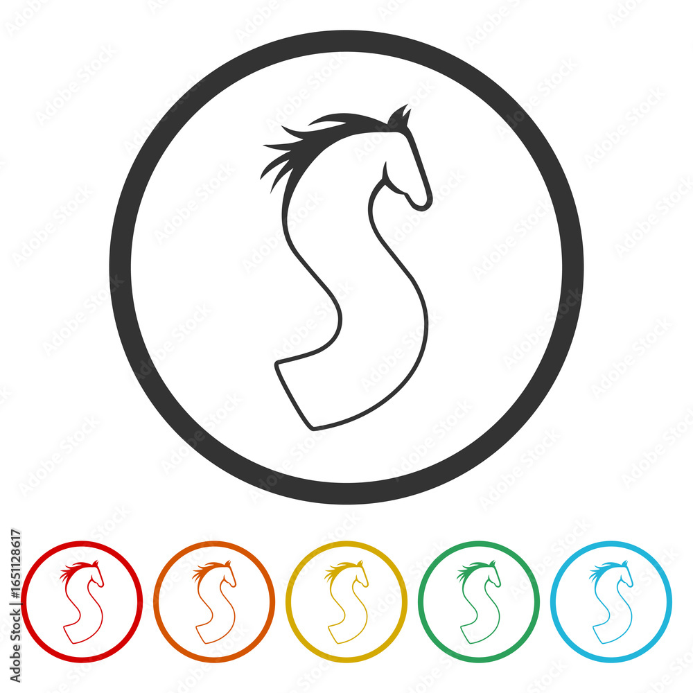 Poster letter s in the form of a horse icon. set icons in color circle buttons