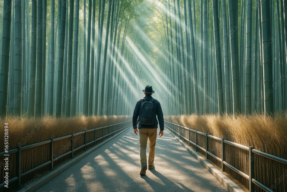 Poster traveler walking through serene bamboo forest path with sun rays filtering through tall trees in tra
