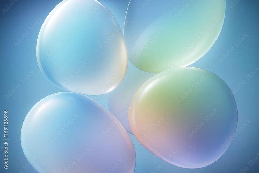 Poster soft translucent abstract bubbles with pastel light hues on blue background as dreamy floating shape