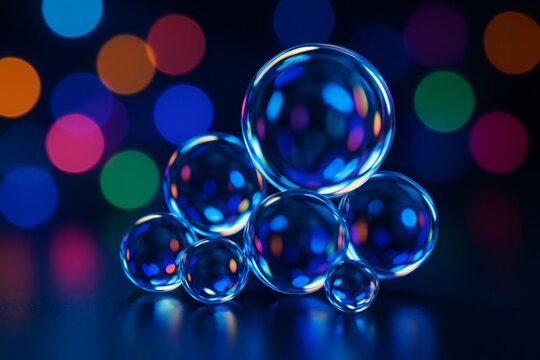 Abstract glowing blue glass spheres with colorful light reflections on dark background, modern digital style for futuristic concept visuals. Ai generative
