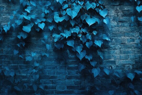 Blue ivy leaves cascade down a textured brick wall, creating a moody and captivating botanical scene. - Powered by Adobe